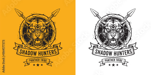 Shadow Hunters Panther Tribe Logo, Roaring Black Panther with Crossed Tribal Spears