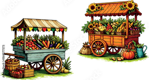 Farmers Market Wooden Cart with Fresh Vegetables and Fruits, Rustic Street Stall Vector Illustration