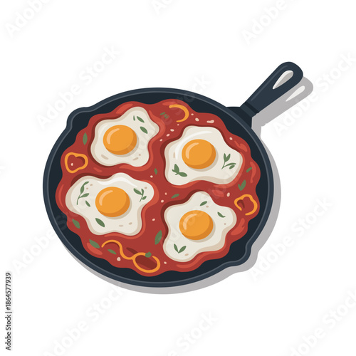 Traditional shakshuka in skillet vector illustration with poached eggs in tomato sauce isolated