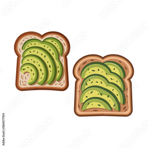 Healthy avocado toast vector illustration with sliced avocado on toasted bread isolated on white background