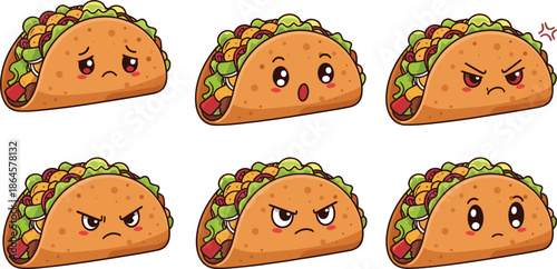 character, emotional faces, cartoon snack, taco illustration, food icon, funny taco, cute emoji, vector illustration, cute taco character, kawai