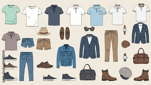 Collection of Mens Fashionable Clothing and Accessories Illustration.