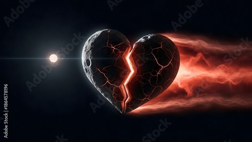 Fractured heart shaped asteroid with fiery cosmic tail flying through space