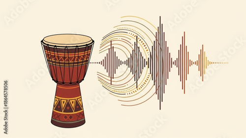 A colorful illustration of a djembe drum with sound waves emanating from it, symbolizing music and rhythm in a vibrant and dynamic way, perfect with cultural