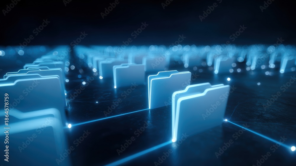 Fototapeta premium Digital Data Organization: A futuristic perspective of data management, with illuminated file folders linked together, representing the complex nature of information storage and retrieval.