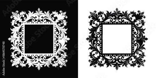 Ornate square frames with intricate floral and baroque scrollwork design, presented in contrasting black and white styles for decorative elements