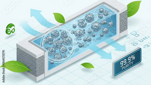 Air purification system with 999 purity, eco friendly technology for clean air, green leaves and blue background with a filter and bubbles with green