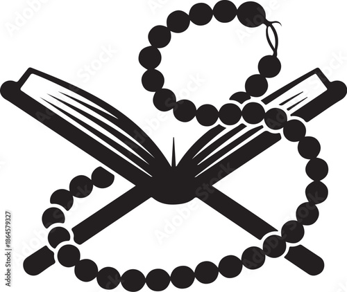 Open book with prayer beads in black and white pages