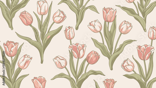 Floral Pattern Design, Tulips, Nature, Illustration, Soft Colors, Top View, Elegant Aesthetic