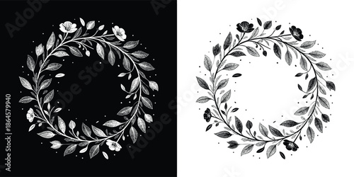 Monochrome distressed floral wreath with leaves and flowers, presented as a circular botanical frame, ideal for rustic and vintage projects