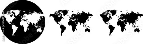 Black and white world map icons, stylized globe illustrations, geographic vector set, international theme graphics, simplified continent design, global data visuals
