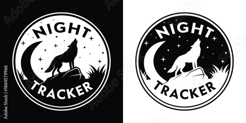 Howling wolf silhouette logo with crescent moon and stars, a night tracker emblem for outdoor adventures and wilderness themes