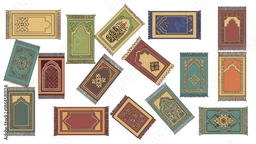 Islamic prayer mats collection with ornate designs.
