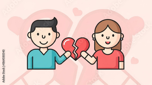 A cute cartoon illustration depicts a man and woman each holding one half of a broken red heart, smiling hopefully.