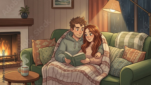 A cozy and warm illustration portrays a couple snuggled together under a blanket on a comfortable couch, reading a book by a crackling fireplace.