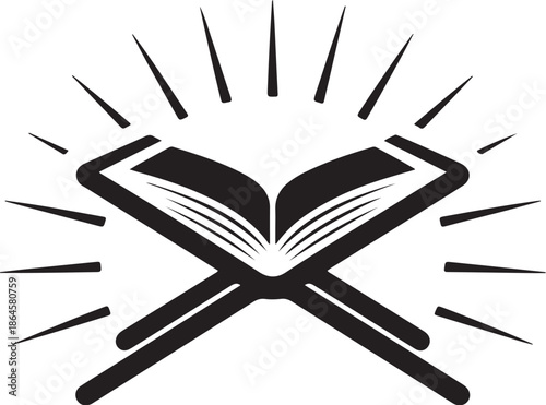Open book with radiating lines in black and white