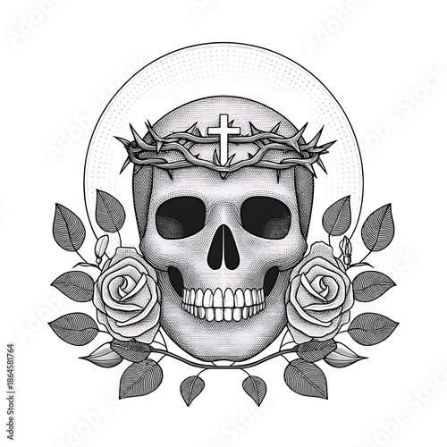 Skull with Crown of Thorns and Roses Illustration