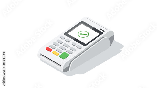 Successful Payment Transaction on POS Terminal. Isometric illustration of a credit card machine with a green checkmark