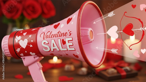 A pink and red megaphone adorned with hearts, announcing a "Valentine's SALE" with cupid's arrows and hearts emanating from it, set against a romantic backdrop.