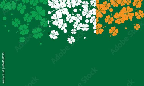 A vibrant Irish flag design adorned with scattered shamrocks and clover leaves, celebrating St. Patrick's Day.