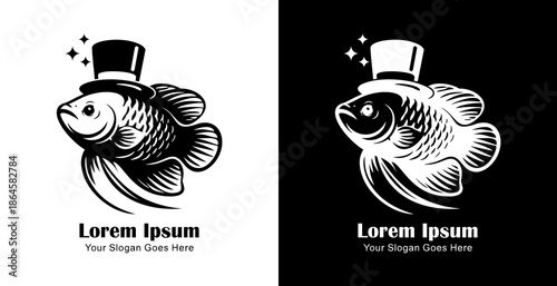 Logo design in the form of a gourami fish wearing a magician's hat