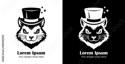 Logo design in the shape of a squirrel head wearing a magician's hat