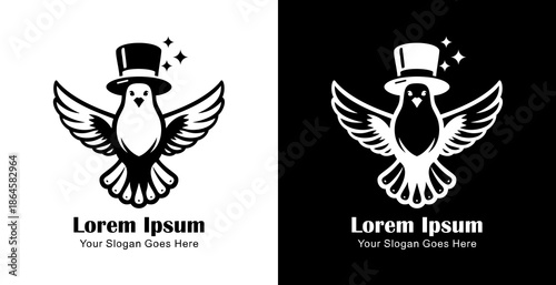 Logo design in the form of a dove wearing a magician's hat