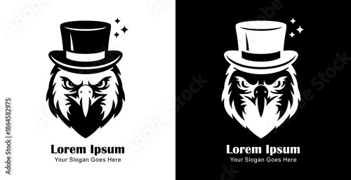 Logo design in the shape of a parrot's head wearing a magician's hat