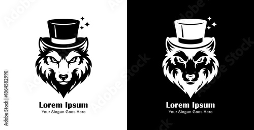 Logo design in the form of a wolf's head wearing a magician's hat
