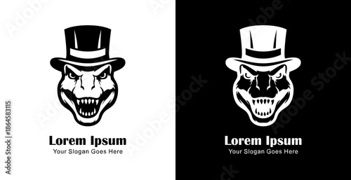 Logo design in the form of a dinosaur head wearing a magician's hat