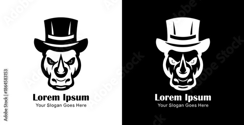 Logo design in the form of a rhinoceros head wearing a magician's hat