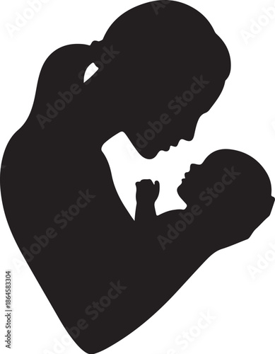 Black silhouette of a woman holding a baby in a heart shape