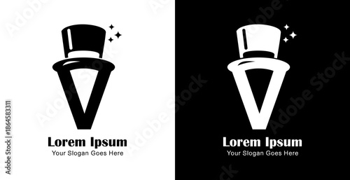 V letter logo design combined with a magician's hat