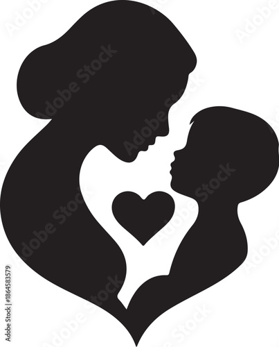 Black silhouette of mother and child with heart between them