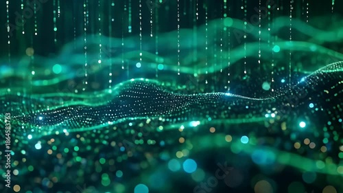 Abstract Digital Data Flowing Green Particles Futuristic Technology Background.