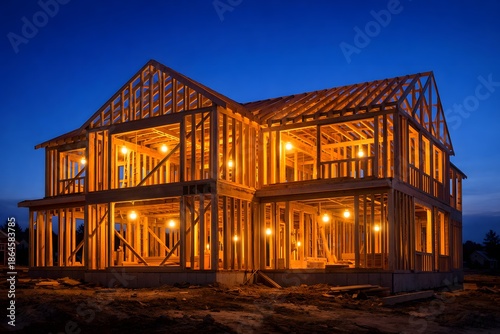 House under construction at dusk with illuminated wooden frame