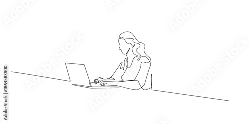 Hand drawn continuous line illustration of a female office worker using a laptop at desk. Minimalist single line style representing remote work, productivity, and modern professional life.