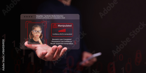A man with smartphone uses AI-powered deepfake detection identifies manipulated media with high accuracy. Threats to digital identity, cybersecurity, and importance of secure biometric authentication