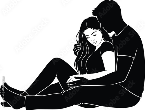 Romantic Couple Sitting and Hugging Silhouette