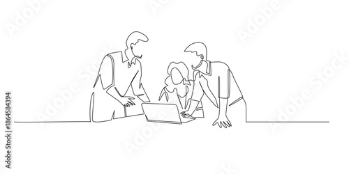 Continuous one line drawing of coworkers having a business meeting with a laptop. Minimal outline illustration for office, teamwork, and corporate concepts.