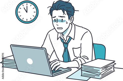 締め切り前にパソコン作業をする男性のデスクワークイラスト