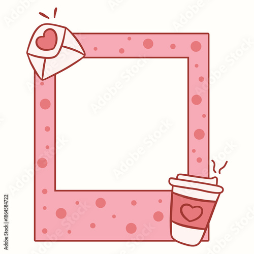 A cute hand-drawn flat illustration featuring a heart-shaped frame, love letter, and cupcake accents in a soft pink aesthetic. Designed as a romantic decorative border with empty space for photos or m