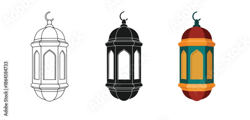 Colorful Islamic Lanterns Vector Set in Three Styles — Line Art, Silhouette and Color Version for Islamic Design, App UI, Posters and Branding