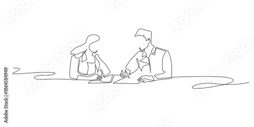 Hand drawn continuous line illustration of a businessman and businesswoman signing a business agreement. Minimalist single line style representing partnership, trust, and professional cooperation.