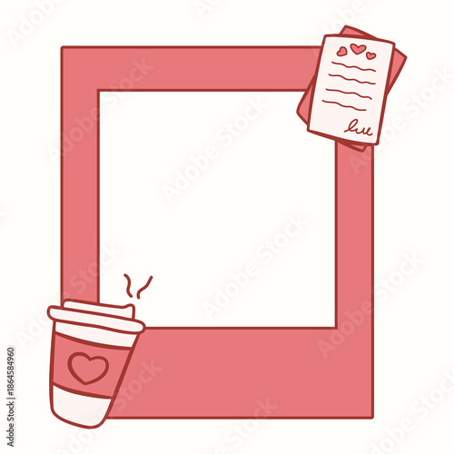 A cute hand-drawn flat illustration featuring a heart-shaped frame, love letter, and cupcake accents in a soft pink aesthetic. Designed as a romantic decorative border with empty space for photos or m