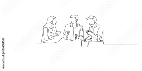 Hand drawn continuous line illustration of a business discussion and meeting. Minimalist single line style representing collaboration, communication, and professional decision making.