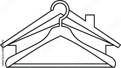 Simple black and white line art logo design creatively merging a house roof silhouette with a clothing hanger outline