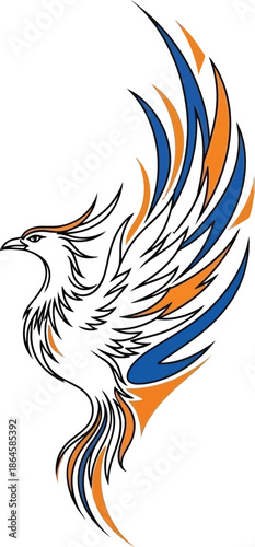 Stylized graphic design featuring a mythical phoenix rising upwards outlined in black with vibrant blue and orange flame accents