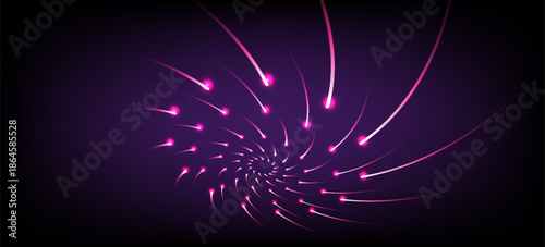 Abstract radial background of glowing pink meteor-like streaks spinning in a spiral on dark purple.