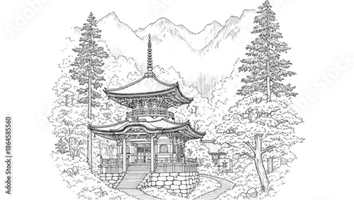 Detailed sketch of a traditional Japanese pagoda temple